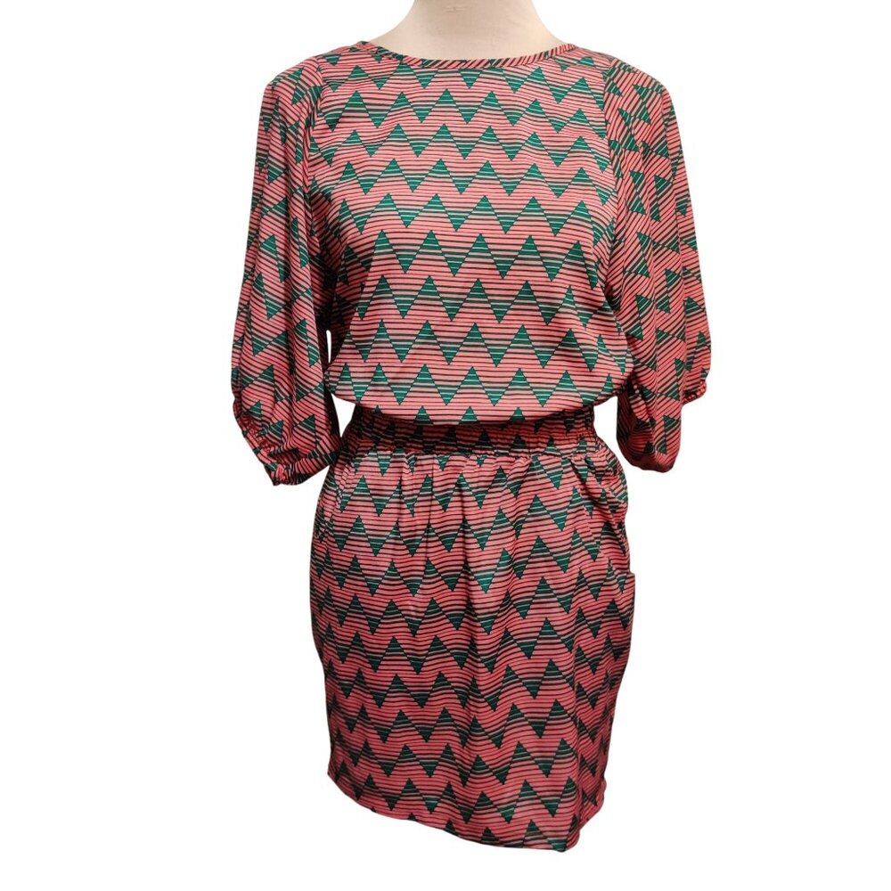 Emma Rose S Coral Green Chevron Tie Back Dress Boho Retro Blouson Made in USA
